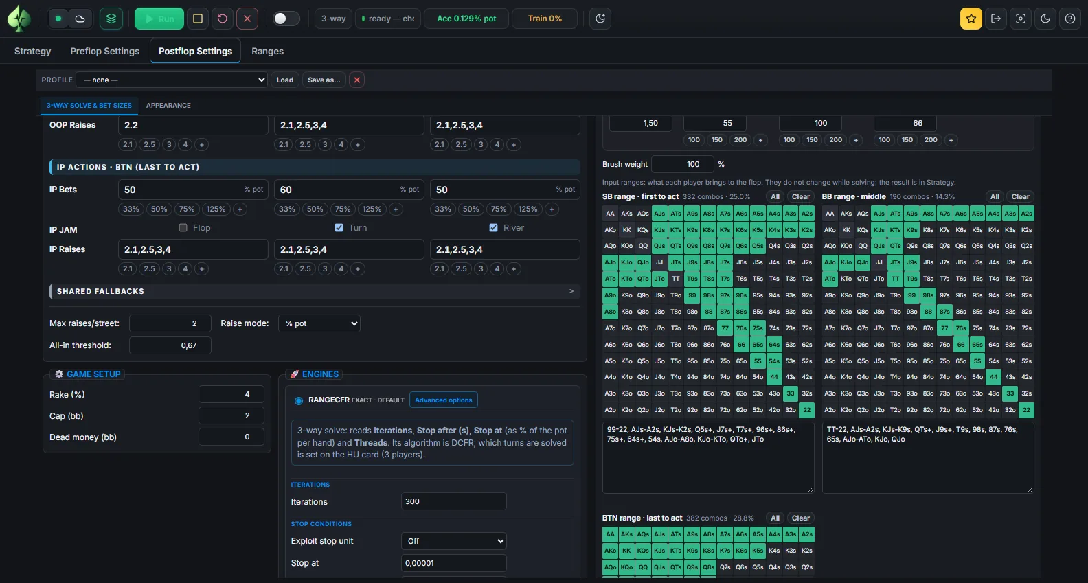 Postflop Settings in three-player mode: SB, BB and BTN ranges on the right, the IP actions for the button on the left, and the game setup with rake and dead money