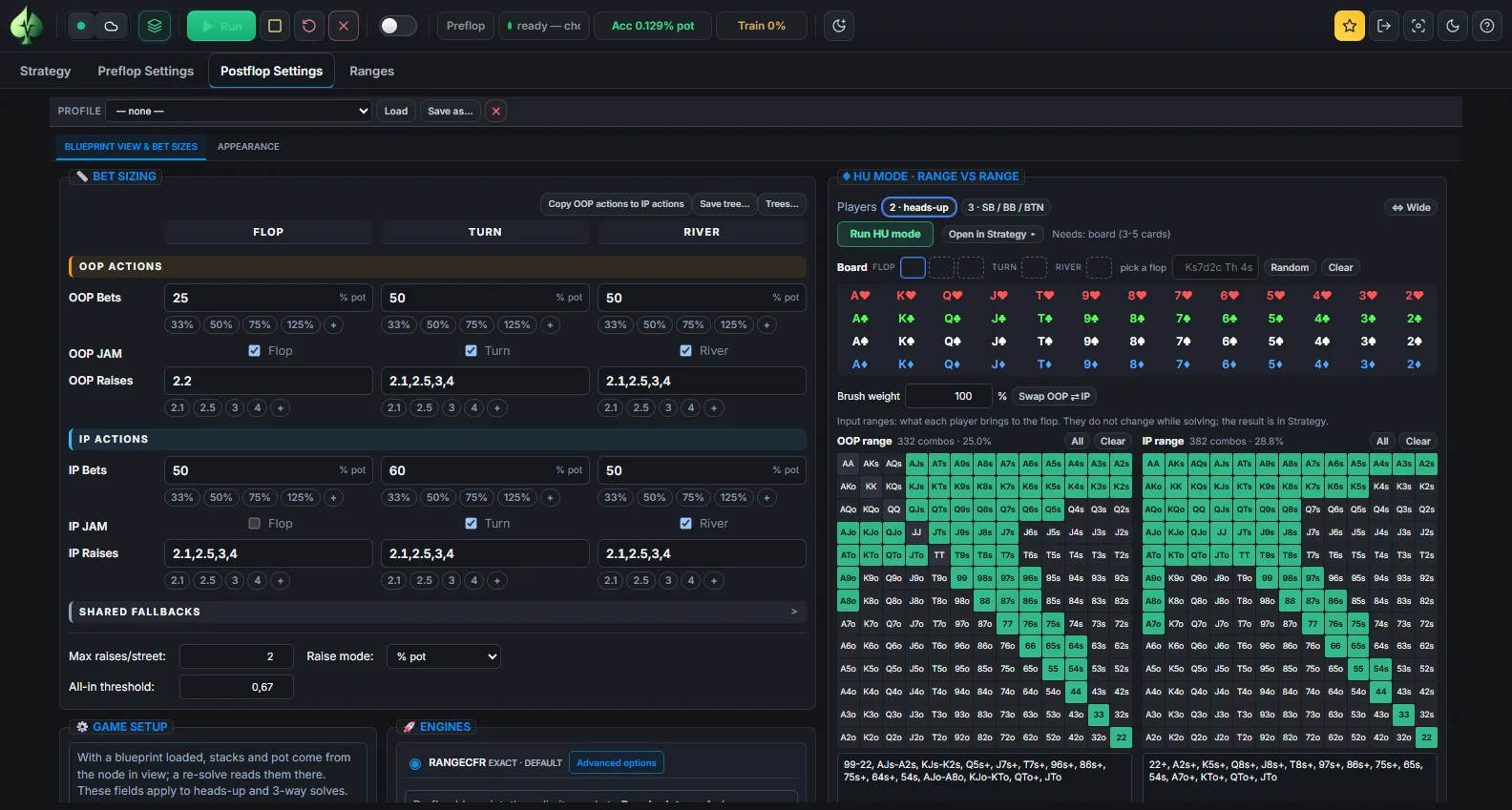 Postflop Settings: OOP and IP bet sizes, raises and jams per street on the left; the HU mode card with the player count, the board selector and both ranges on the right