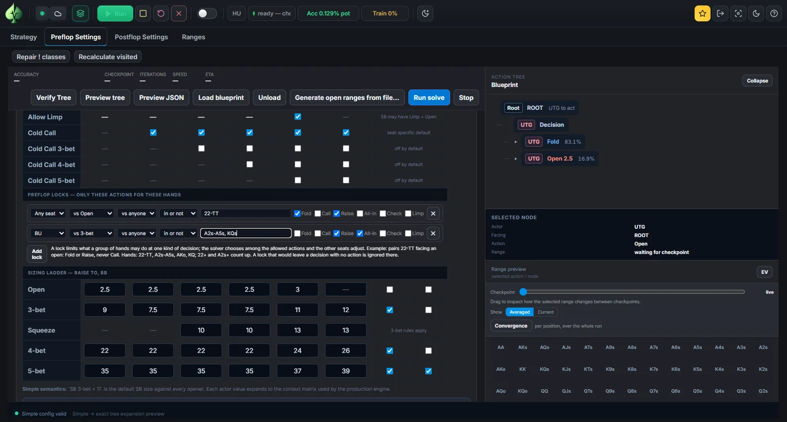 Preflop Settings: the participation rules, two preflop lock rows (pairs 22-TT facing an open may only fold or raise; the button facing a 3-bet with A2s-A5s and KQs may only raise or jam) and the sizing ladder
