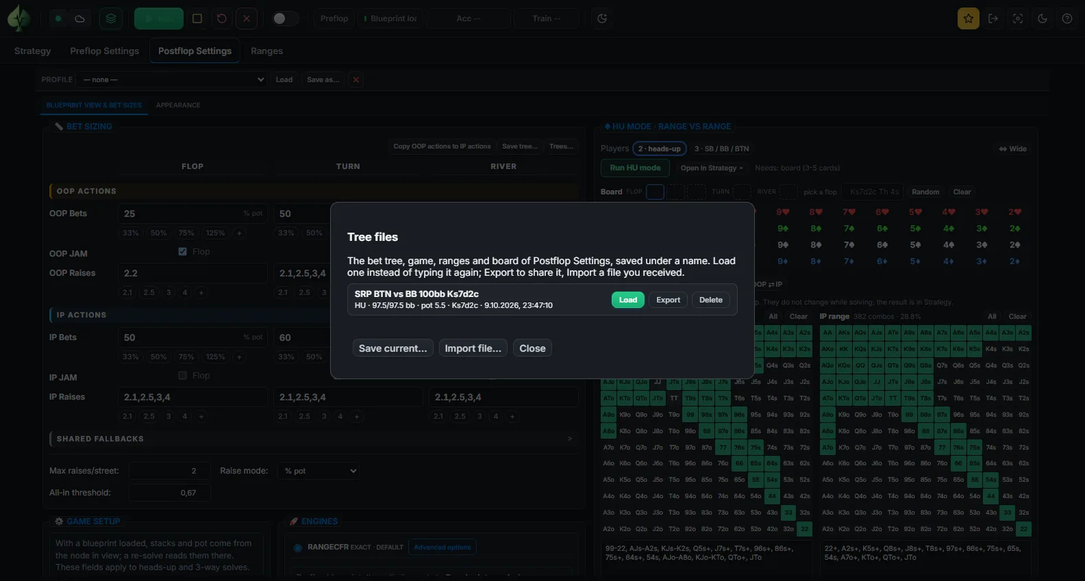The Tree files dialog: one saved heads-up spot with its players, stacks, pot and board, and the Load, Export, Delete, Save current and Import file buttons