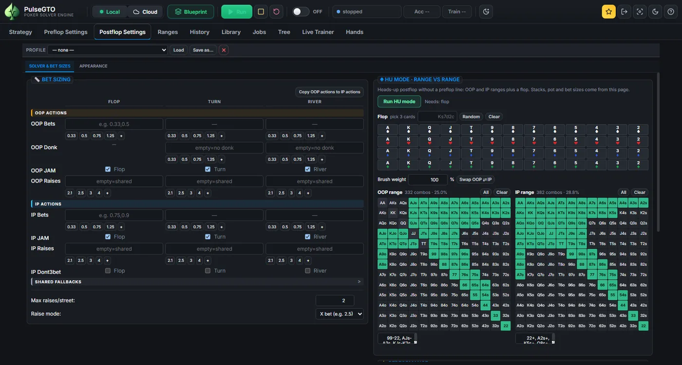 Postflop Settings tab: bet sizing per street for OOP and IP, and the HU mode card with ranges and flop