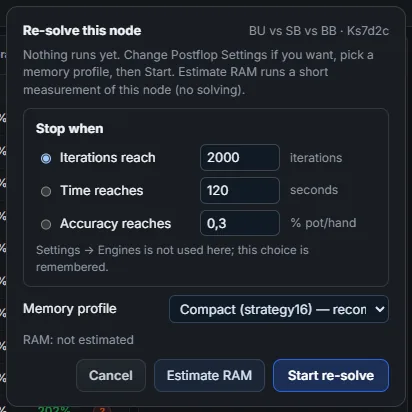 Re-solve this node panel: stop rule, memory profile, Estimate RAM and Start re-solve