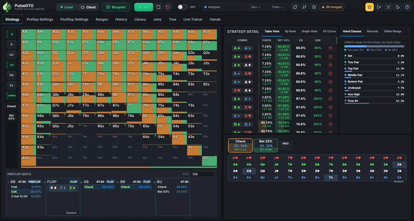 Strategy tab on a three-way flop: range grid, strategy detail per combo, hand classes, action buttons and the preflop seats strip