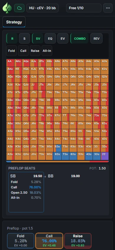 NLHE heads-up strategy shown in one 390 by 844 phone viewport