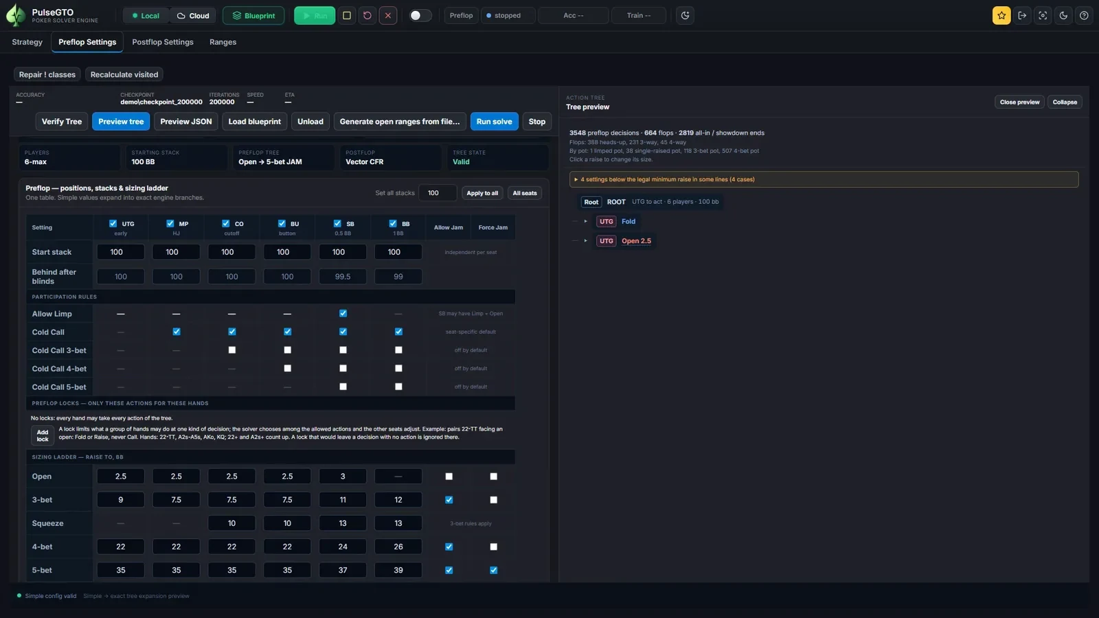 Preflop Settings and the engine-built tree preview